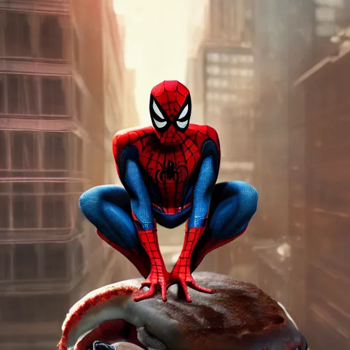 Image similar to spider - man sit on the raccoon and eating donuts, concept art, trending on artstation, highly detailed, intricate, sharp focus, digital art, 8 k