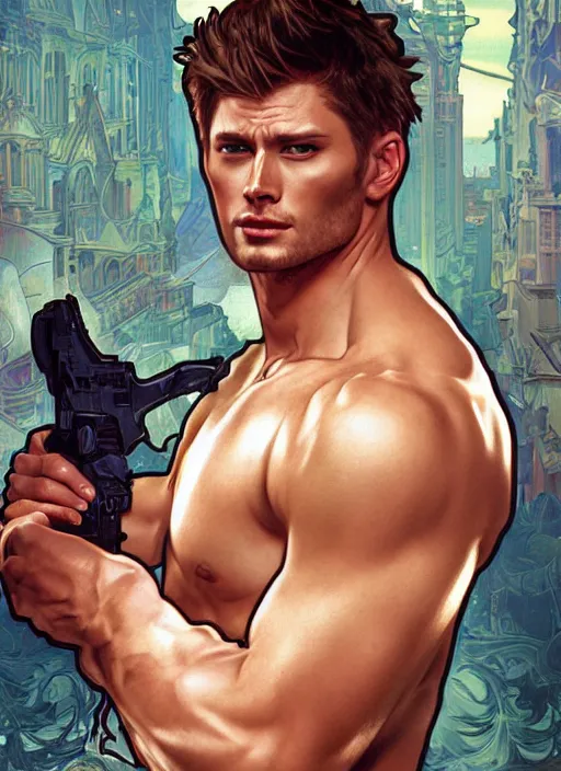 Prompt: photorealistic, canon eos 5 d mark iv, pretty muscular dean winchester as a character in romance book art design, character concept, sharp focus!, ultra detailed, art by artgerm alphonse mucha, wlop