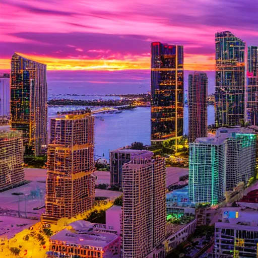 Prompt: a cinematic shot of downtown miami at golden hour, vivid sunset, canon eos c 3 0 0, ƒ 4. 0, in - focus, 3 5 mm, 8 k, medium - format print, inspired by roger deakins cinematography