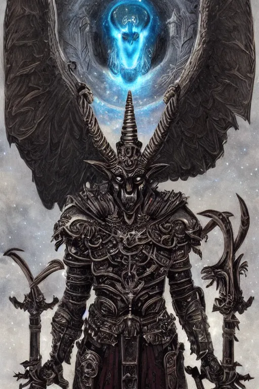 Prompt: full body concept art of baphomet wearing ancient roman armor made with porcelain by Jeff Easley and Peter Elson + beautiful eyes, beautiful face + symmetry face + galaxy + gothic, surreal, dread + highly detailed, intricate complexity, epic composition, magical atmosphere + masterpiece, award winning + trending on artstation