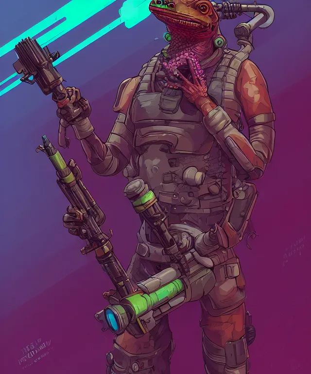 Prompt: a portrait of an anthropomorphic iguana holding a bazooka, cyberpunk!, fantasy, elegant, digital painting, artstation, concept art, matte, sharp focus, illustration, art by josan gonzalez