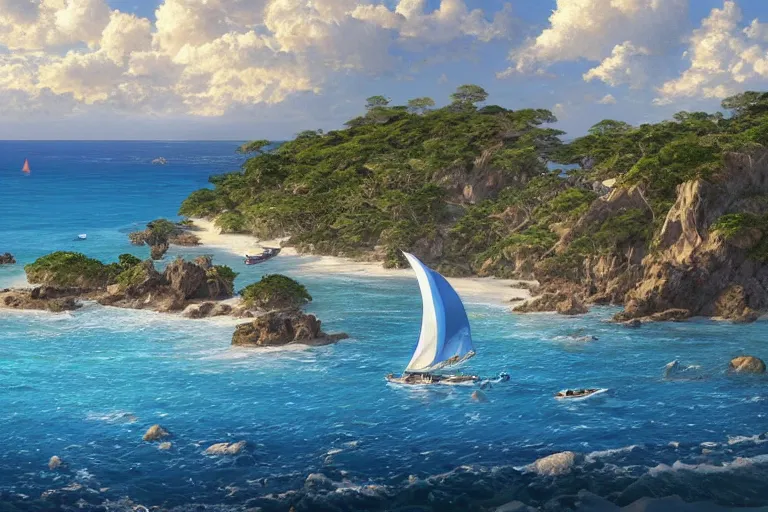 Image similar to ultra realistic illustration,, a beach in tanzania with sailboats in the distance, tropical blue water intricate from baldurs gate, elegant, highly detailed, digital painting, artstation, concept art, smooth, sharp focus, illustration, art by artgerm and greg rutkowski and alphonse mucha