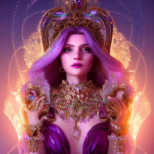 Prompt: portrait of princess of amethyst, glowing, ornate and intricate jewelry, jaw dropping beauty, glowing background lighting, white accent lighting, hyper detailed, fairy tale, 4 k octane render