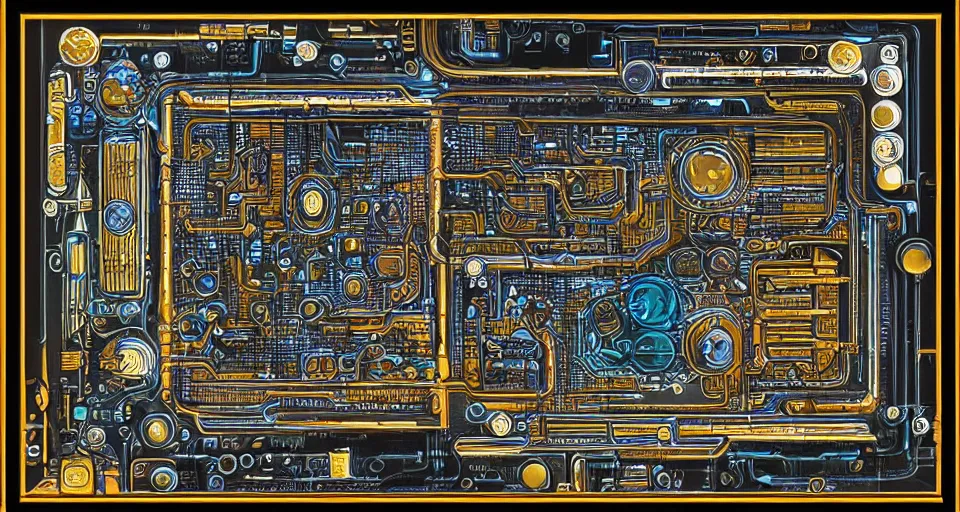 Image similar to distant product photography framing. digitally painted render of a small square fantasy vacuum - tube motherboard made and powered by crystalline circuitry. trending on artstation. artificer's lab bg. premium print by angus mckie and james gurney. bismuth materials