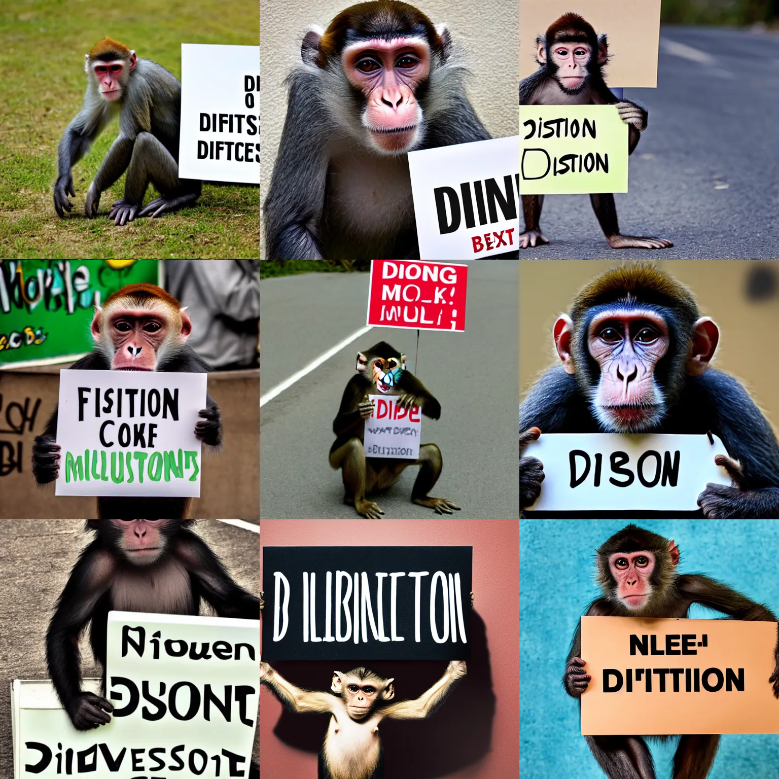 Prompt: monkey holding a sign with text that reads : diffusion