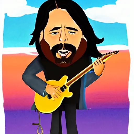 Prompt: Dave Grohl, playing guitar on mountain top, cartoon