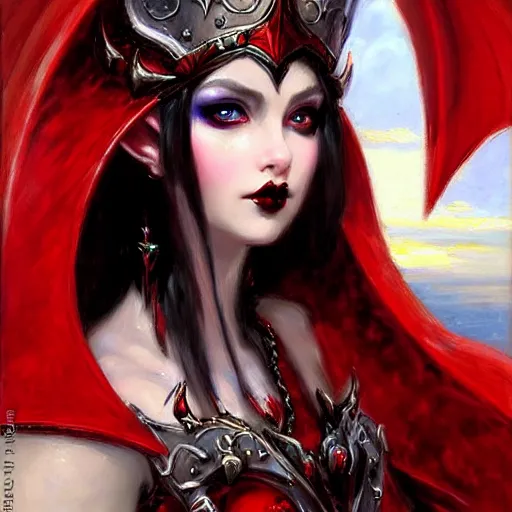 Image similar to Gothic elf princess in red dragon armor by Konstantin Razumov, face close up