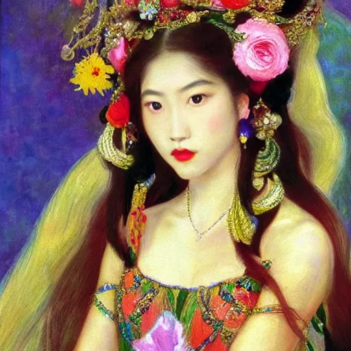Prompt: a close - up detailed realistic oil painted portrait of a stunning beautiful young asian fantasy princess with flowing hair, wearing colorful ornate headdress, flowers, and jewelry, in the style of john singer sargent. raphaelite