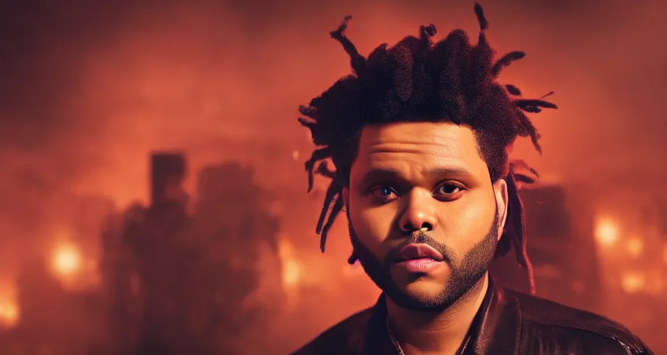 Prompt: The Weeknd As A Zombie, volumetric lighting, hyperrealistic, photorealistic, beautiful details, HDR, octane render, action shot, wide angle, bokeh
