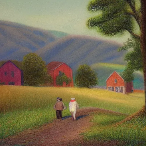 Image similar to Jefferson and Washington walking inside amish houses among hills and fields, pastel style painting