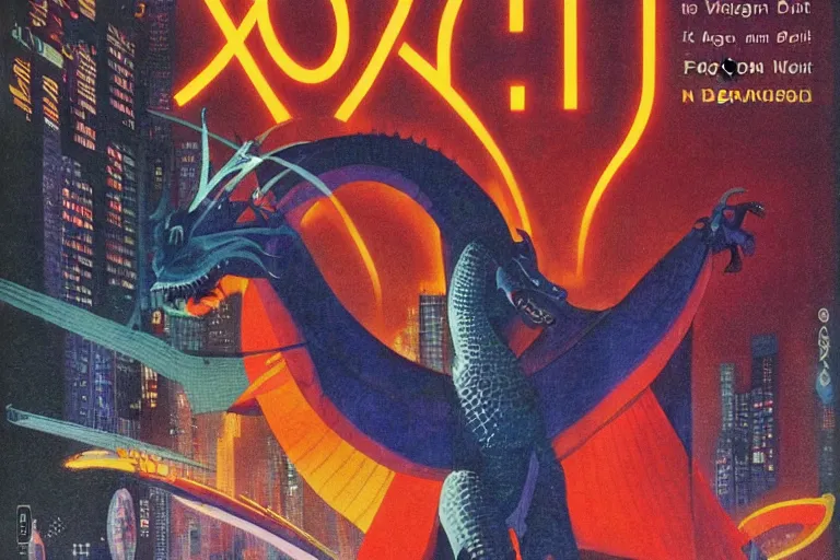 Prompt: 1979 OMNI Magazine Cover of a dragon wearing robes in neo-tokyo style by Vincent Di Fate