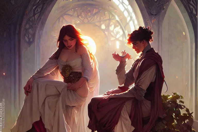 Image similar to ubermench which is a combination of a woman and a man, machiavellian garden, d & d, fantasy, ego death, decay, dmt, psilocybin, art by artgerm and greg rutkowski and alphonse mucha