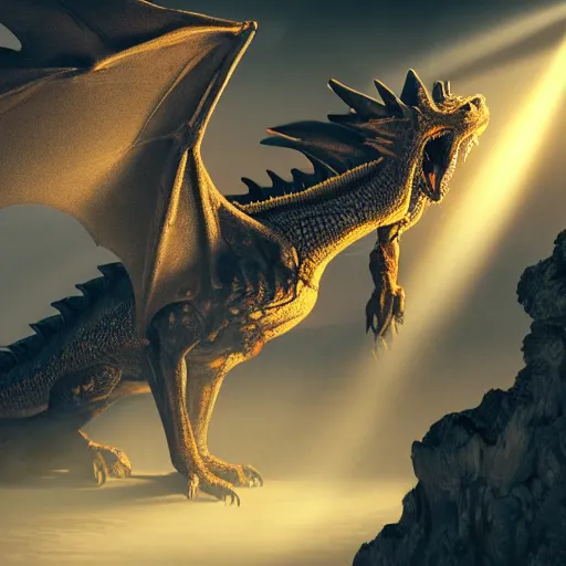 Image similar to photo of a large red scaly dragon sleeping on a mountain of human bones in a dark dusty cave with a ray of light shining on it\'s face. Very detailed 8k. fantasy