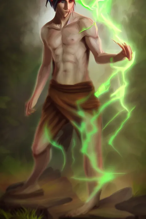 Prompt: a human elemental sorcerer, forest setting, colorful magic, male, white skin, young, sharp focus, concept art, dynamic lighting, by emylie boivin