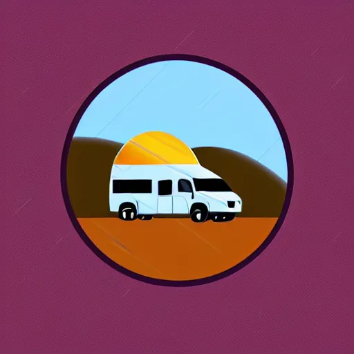 Image similar to very very very stylized minimal vector graphic of a thor chateau motorhome, hills and sunset, white background, all enclosed in a circle, professional minimal graphic design cartoon