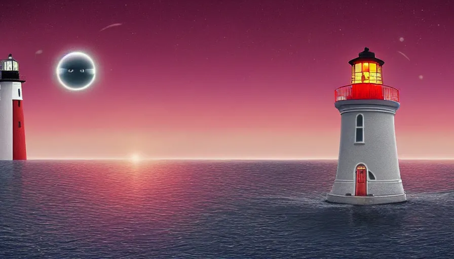 Prompt: a ufo hovers over a lighthouse out at sea, digital art, highly detailed, realistic, bright colors, 8 k