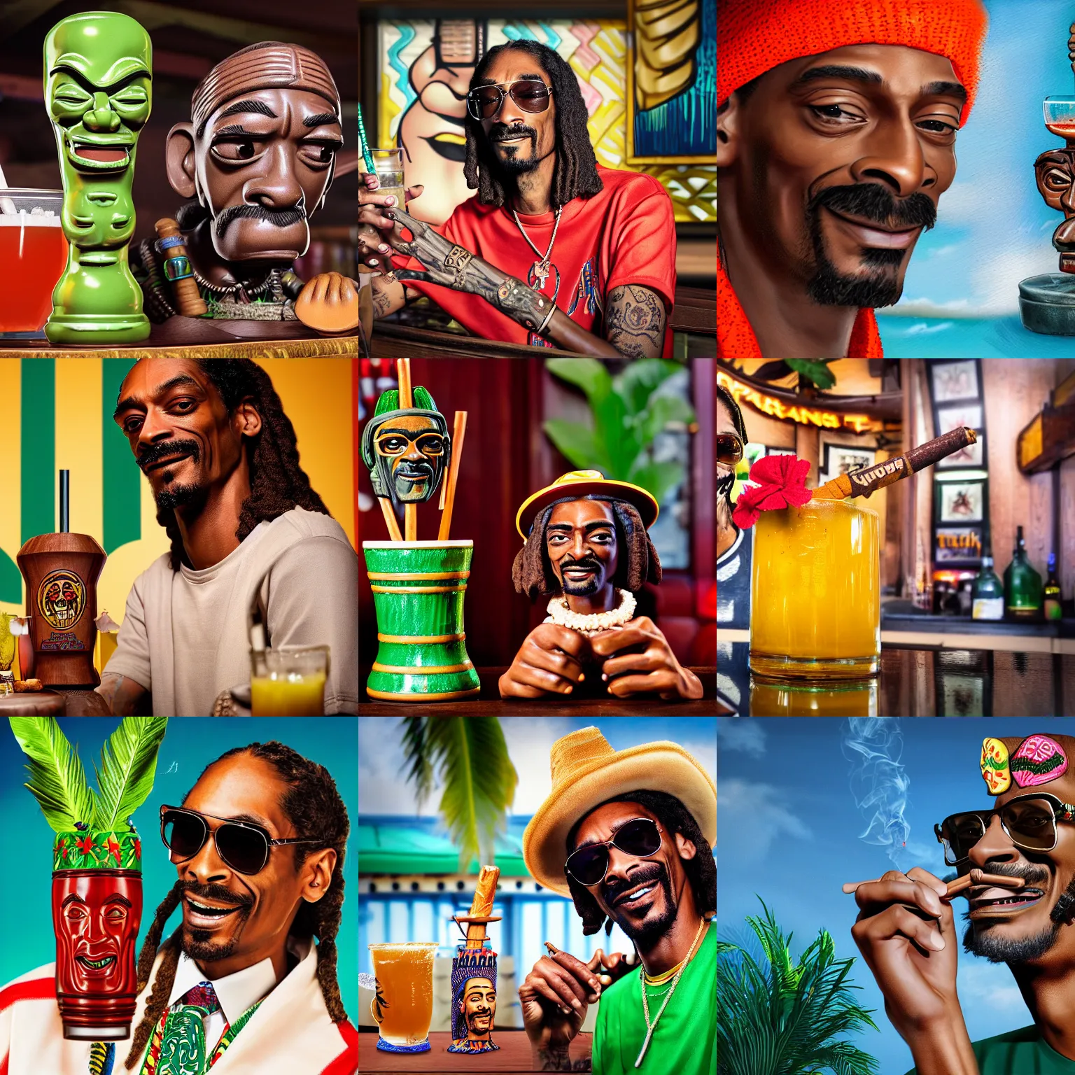 Image similar to a closeup photorealistic photograph of happy blunt smoking snoop dogg at trader vic's bar sitting next to a trader vic's style tiki mug featuring snoop dogg's face. tiki culture. bright scene. 4 k hd image that's trending on artstation, featured on behance, well rendered, extra crisp, features epic composition and the style of unreal engine.