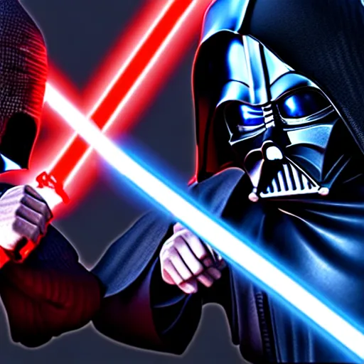 Image similar to ultra detailed picture of a fight between darth vador and anakin skywalker, unreal engine, extremely detailed, epic, dark, highly realistic, beautiful, ultra hd