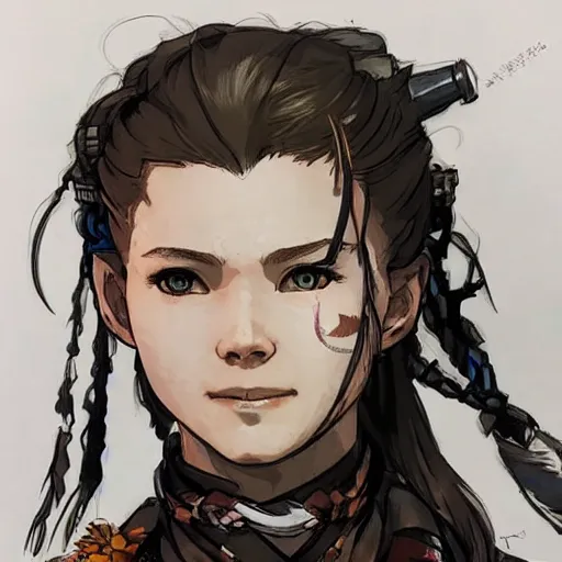 Prompt: portrait of aloy from horizon zero dawn, yoji shinkawa