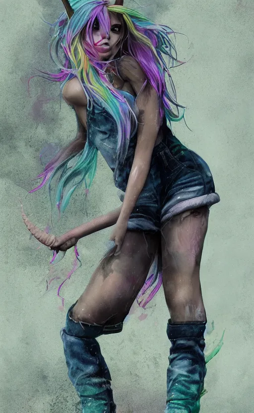 Prompt: Full body, grungy unicorn woman with rainbow hair, soft eyes and narrow chin, fit dainty figure, long hair straight down, torn overalls, short shorts, fishnet stockings, combat boots, basic white background, side boob, in the rain, wet shirt, style by Jordan Grimmer and greg rutkowski, crisp lines and color,