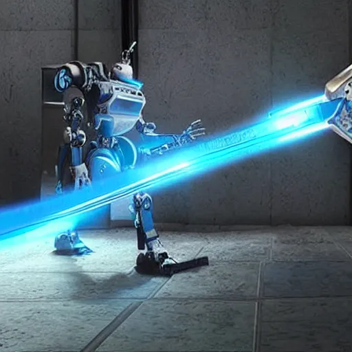 Prompt: a robot pulling a magical sword out of a stone photorealistic