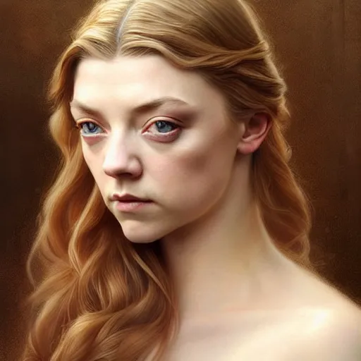 Image similar to beautiful striking Pre-Raphaelite Natalie Dormer by Artgerm and Greg Rutkowski, pale, intricate, elegant, highly detailed, digital painting