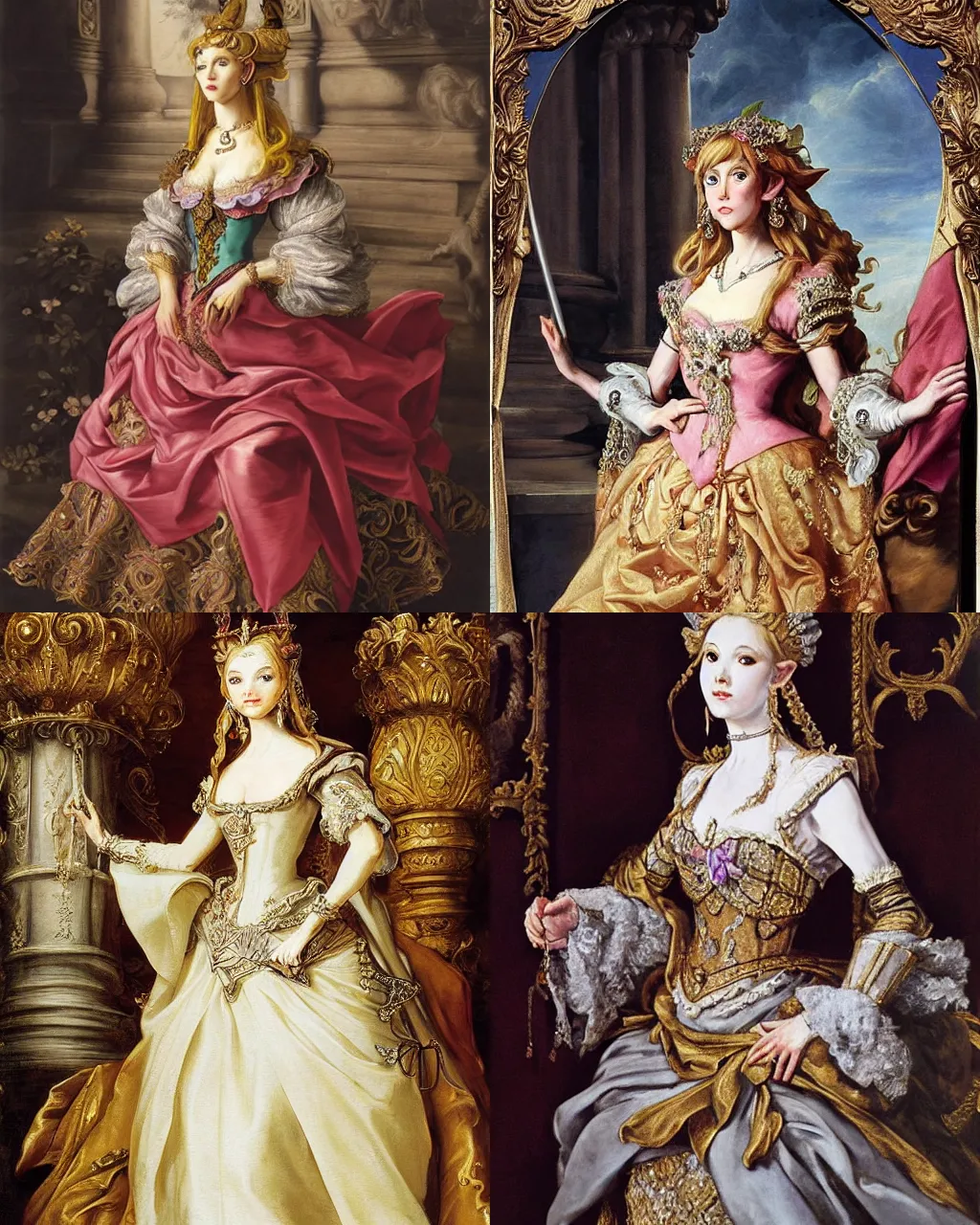 Prompt: detailed baroque painting of princess zelda, from legend of zelda, as an elegant noblewoman, brocade dress, style of aleksi briclot and peter paul rubens, intricate, soft lighting, beautiful art, legend of zelda, master sword