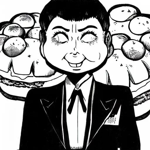 Prompt: man in tux with a giant cheeseburger!! head highly detailed ink drawing by junji ito