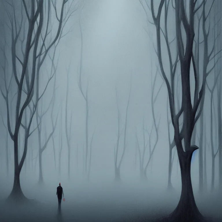 Prompt: Gediminas Pranckevicius painting of a person standing in the rain surrounded by trees, a digital rendering by Eyvind Earle, deviantart, digital art, matte drawing, deviantart, soft mist