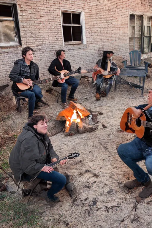 Image similar to Four stalkers sit with guitars by the fire near an abandoned brick house