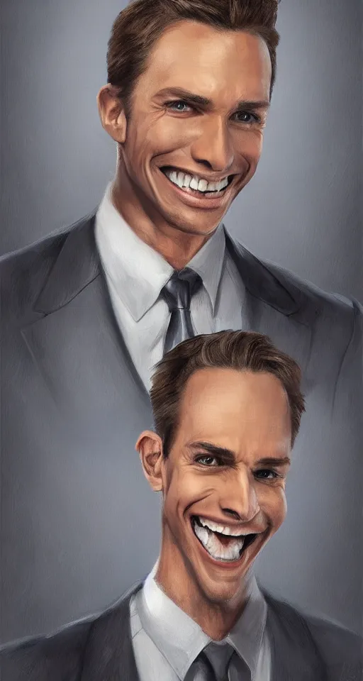 Image similar to a hyper realistic portrait of a handsome smiling male alien in a suit for advertisement, artstation