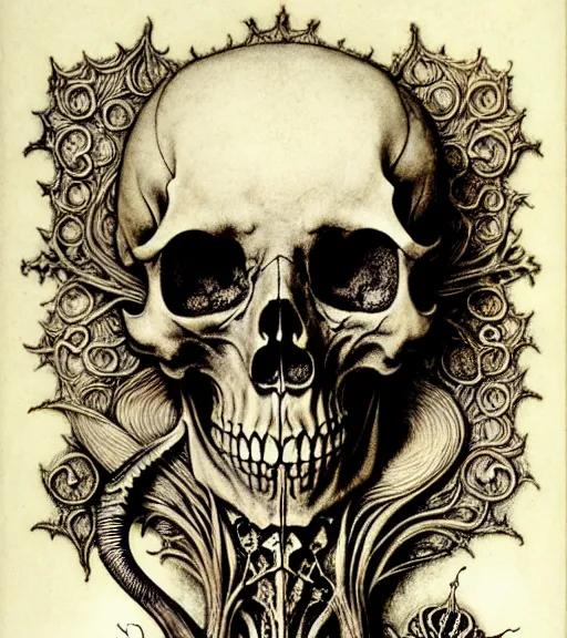 Image similar to memento mori by arthur rackham, art forms of nature by ernst haeckel, exquisitely detailed, art nouveau, gothic, ornately carved beautiful skull dominant, intricately carved antique bone, art nouveau botanicals, ornamental bone carvings, art forms of nature by ernst haeckel, horizontal symmetry, arthur rackham, ernst haeckel, symbolist, visionary