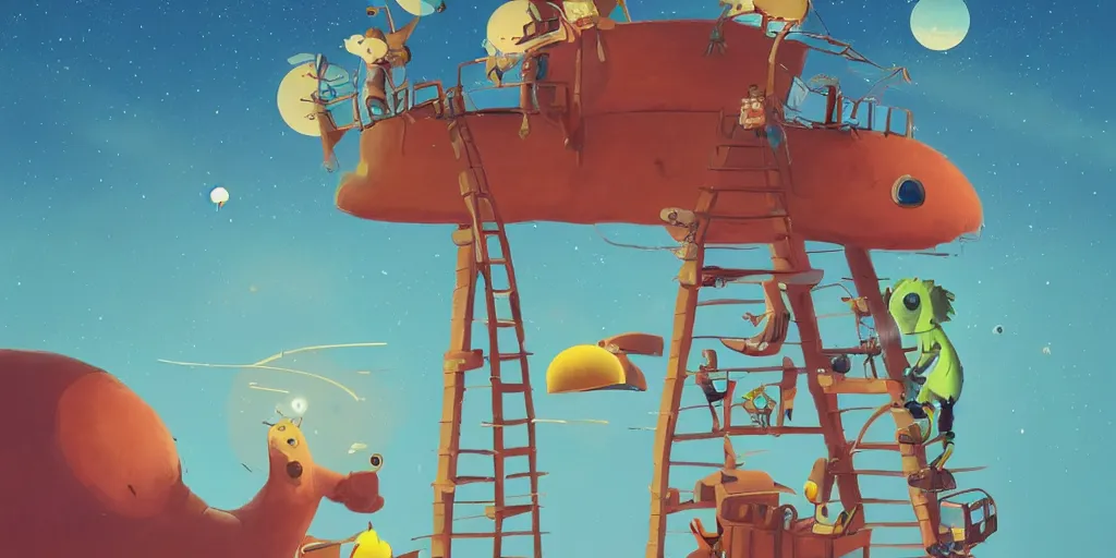 Prompt: cute cartoon monsters and zebras climbing ladders to the moon at night with aurora borealis by goro fujita and simon stalenhag and wes anderson and alex andreev and chiho aoshima and beeple and banksy and kandinsky and magritte and basquiat and picasso, 8 k, trending on artstation, hyper detailed, cinematic