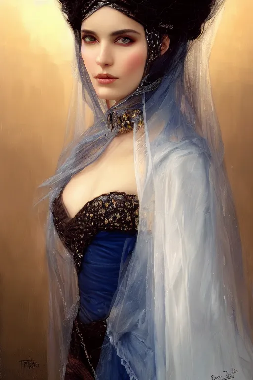 Image similar to ameera al taweel woman , bright blue eyes, wavy black hair, white veil, closeup, cinnamon skin color, elegant, highly detailed, centered, oil painting, artstation, concept art by tom bagshaw