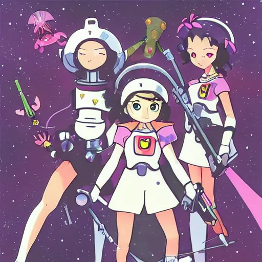 Prompt: magical girl space marines, studio ghibli, pulp science fiction illustration