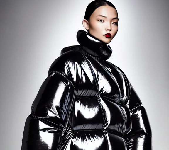 Image similar to well lit fashion shoot portrait of extremely beautiful female black marble statue wearing huge puffer jacket over size futuristic outerwear, puffer trouser, puffer jacket, puffer jacket by moncler genius, dingyun zhang, yeezy, balenciaga, vetements, sharp focus, clear, detailed, detailed, glamorous, symmetrical, vogue, editorial, fashion,