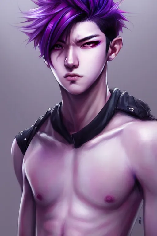 Image similar to gorgeous!!! hyper - realistic teenager boy with purple hair, purple eyes with red eye markets, slim body, wearing combat japanese clothes, holding a fan | drawn by wlop, drawn by jeehyung lee, drawn by artgerm | intricate, highly detailed, digital painting, character design, concept art, illustration, artstation