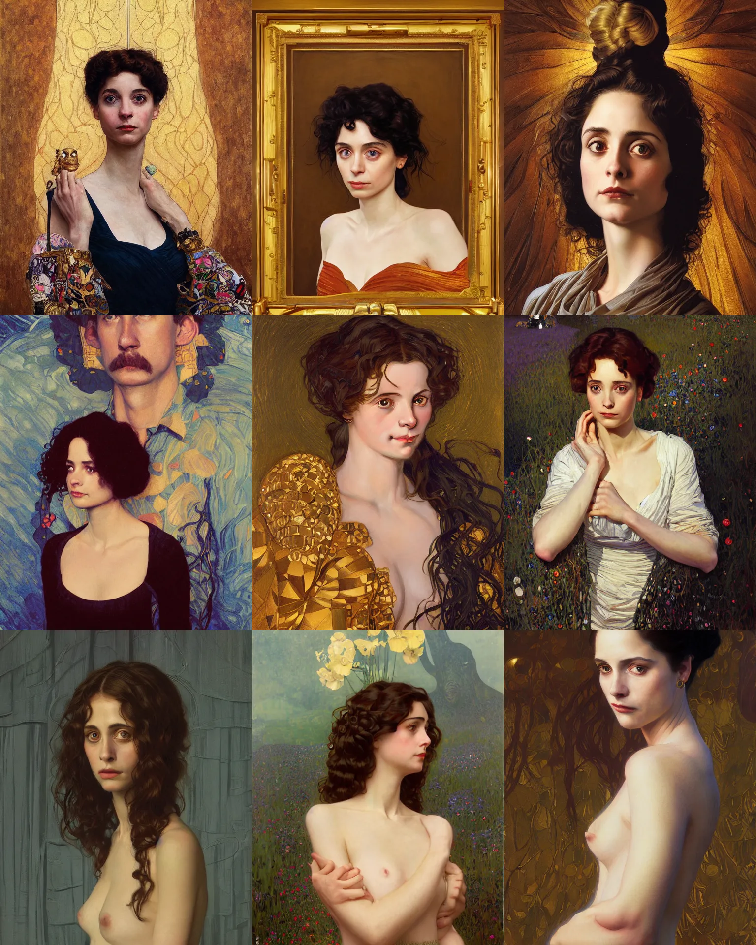 Prompt: sargent and leyendecker and greg hildebrandt gustav klimt highly detailed portrait of a young laura fraser with long hairs, stephen bliss, unreal engine, fantasy art by greg rutkowski, loish, rhads, wooden background, makoto shinkai, ilya kuvshinov, rossdraws, alphonse mucha, radiant light, detailed and intricate environment