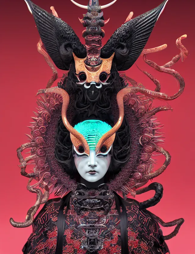 Image similar to 3 d goddess close - up profile satan biohazard portrait with crown, ram skull. beautiful intricately detailed japanese crow kitsune mask and clasical japanese kimono. betta fish, jellyfish phoenix, bio luminescent, plasma, ice, water, wind, creature, artwork by tooth wu and wlop and beeple and greg rutkowski