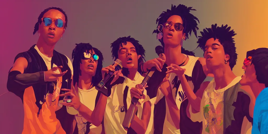 Prompt: four friends rapping with microphone in living room, caucasian, black, indian, Hispanic, women, men, epic poses, distinct figures, digital art, vaporwave, psychedelic, surreal, hip hop, trending on Artstation, professional artist, detailed, 4k