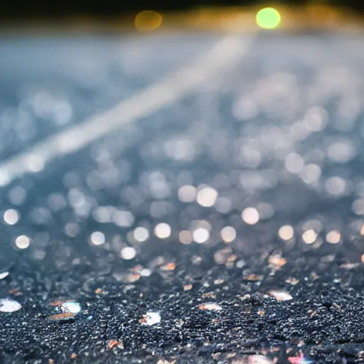 Image similar to close up of a puddle on asphalt reflecting the night sky, complex, high detail