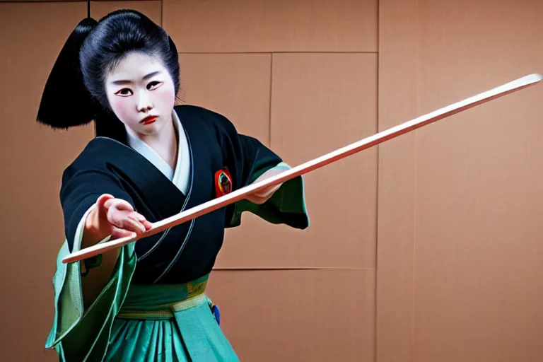 Prompt: beautiful photo of a young modern geisha samurai practising the sword in a traditional japanese temple, mid action swing, symmetrical face, beautiful eyes, huge oversized sword, award winning photo, muted pastels, action photography, 1 / 1 2 5 shutter speed, dramatic lighting, anime set style