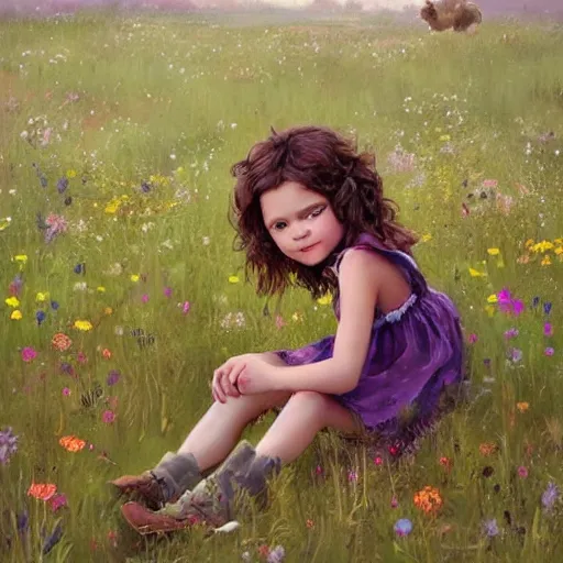 Prompt: a cute little girl with short curly brown hair sitting in a field of wildflowers, painting by artgerm and greg rutkowski and magali villanueve