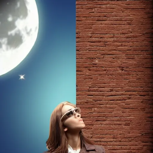 Image similar to a woman that looks like a paleontologist or archaologist leaning against a brick wall. She is on the right side in the image, you can see the left side of her body. The scene is at night, lit up by the moon. It feels like the scene is in some sort of super realistic virtual reality simulation. Trending on artstation.