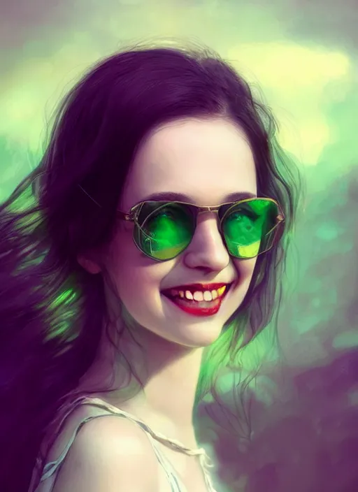 Prompt: portrait of a grinning cute girl, raven hair, perfect vibrant green eyes, sunglasses on head, dreamy makeup, pale white skin, ultra realistic, cinematic lighting, depth of field, artstation, Seb McKinnon, Artgerm