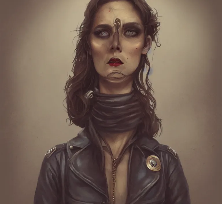 Image similar to a rugged and sarcastic female cop in the style of tom bagshaw