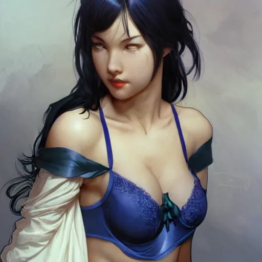 Prompt: cassandra cain in lacy blue bra, in the bedroom at a sleepover, beautiful face!!!!, 2 7 years old, cg animation, lifelike, animated, realistic, character select portrait, by artgerm, greg rutkowski, alphonse mucha, 3 d