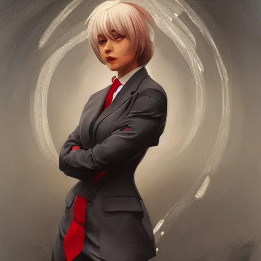 Prompt: a girl wearing a business suit, grey hair, red necktie, cinematic, twintails, stunning, highly detailed, digital painting, artstation, smooth, hard focus, full body shot, illustration, art by artgerm and greg rutkowski and alphonse mucha