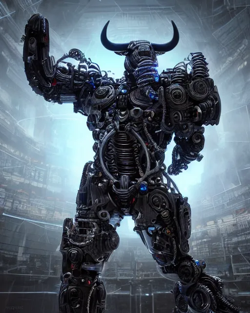 Image similar to a full body shot of a cyborg ( bull ) modeled after a bull looking into the camera, android, cyborg, full body shot, intricate, 3 d, hyper realism, fantasy, depth of field, octane render, symmetrical, highly detailed, digital art, artstation, concept art, cinematic lighting, trending