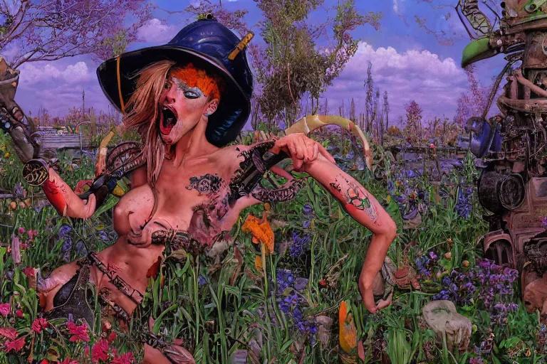 Image similar to oil painting, super - detailed scene tank girl, twilight junkyard, louisiana swamps, indigo blooming flowers garden, 8 k, 8 0 s japanese sci - fi books art, artwork by jean giraud